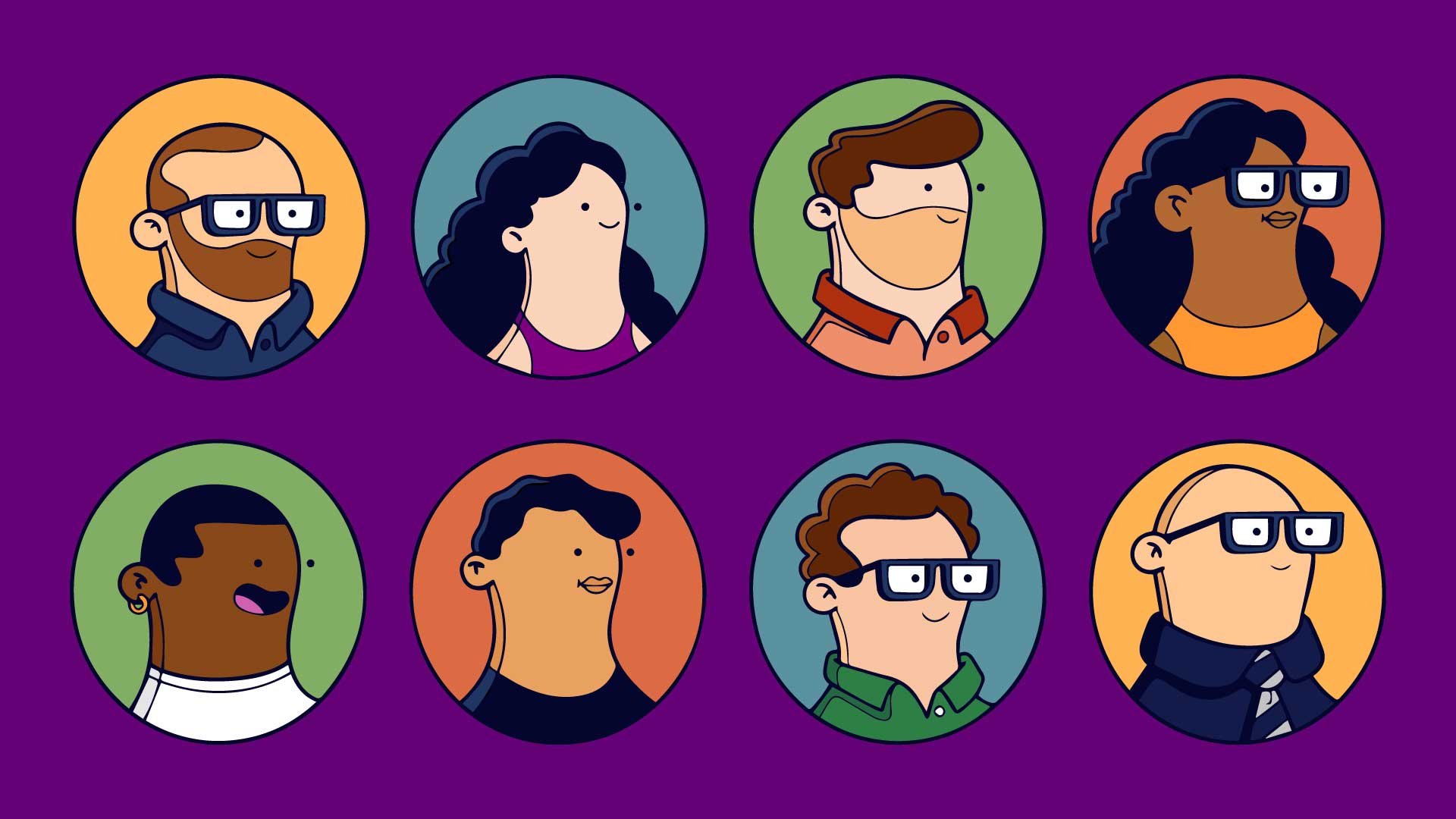 Cartoon illustration of eight colorful headshots of multiple backgrounds