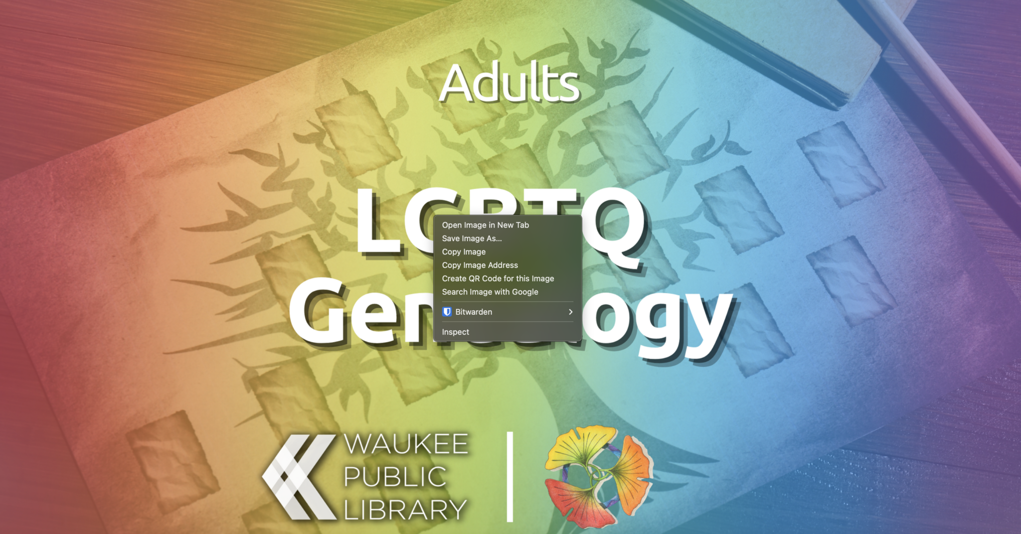 LGBTQ Genealogy on a rainbow background