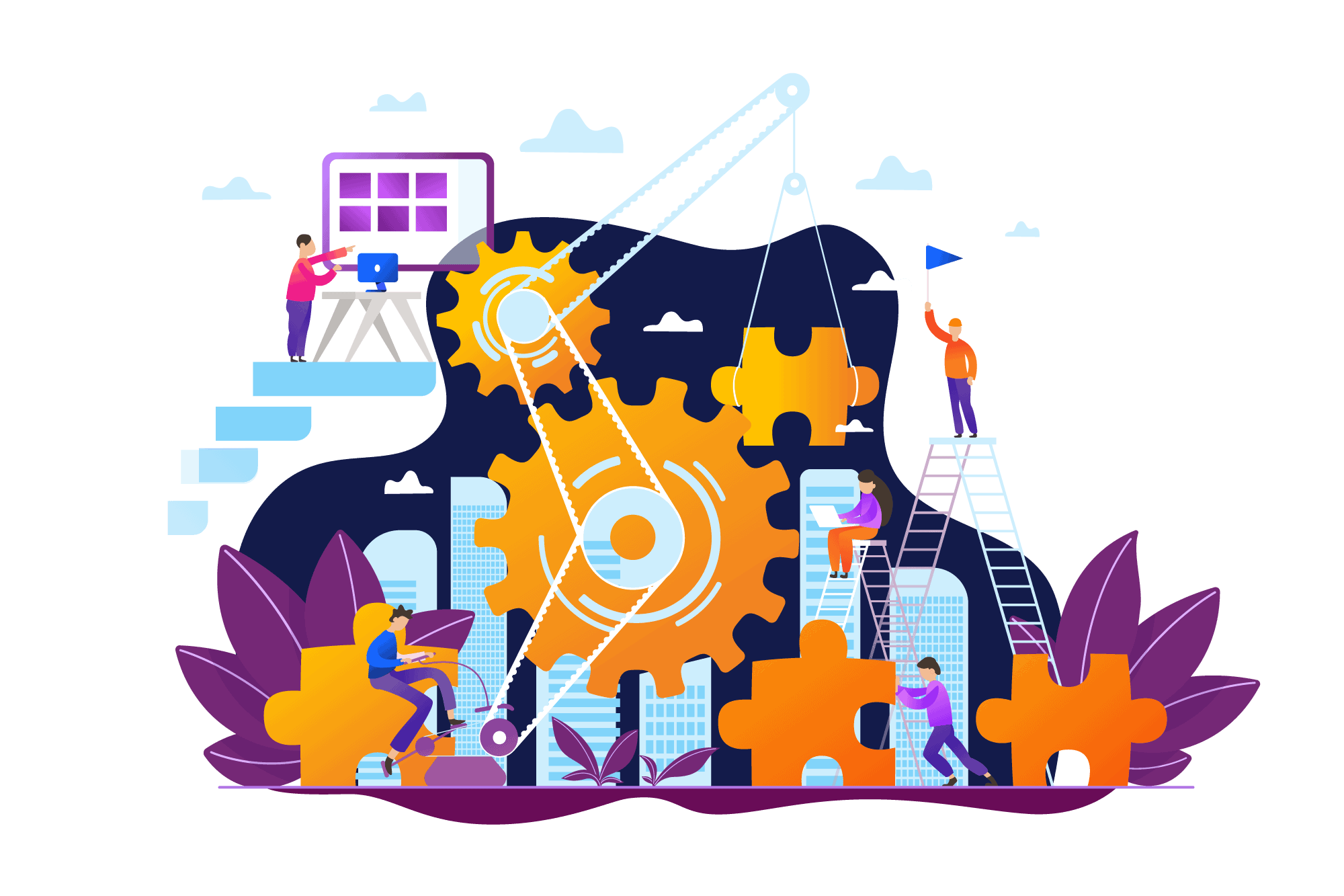concept illustration of website construction with gears and puzzle pieces and people working together